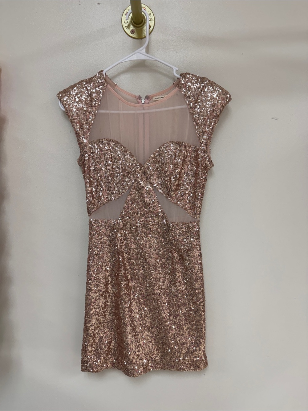 Mustard Seed Rose Gold Sequin Mini Dress with Sheer Yoke